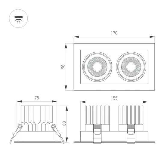 Фото #2 товара Светильник MS-VORTEX-BUILT-S170x90-2x12W Warm3000 (BK-BK, 40 deg, 230V) (Arlight, IP20 Металл, 5 лет)