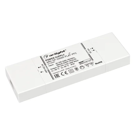 Фото #1 товара Блок питания ARV-SP-24060-FLAT-PFC (24V, 2.5A, 60W) (Arlight, IP20 Пластик, 5 лет)