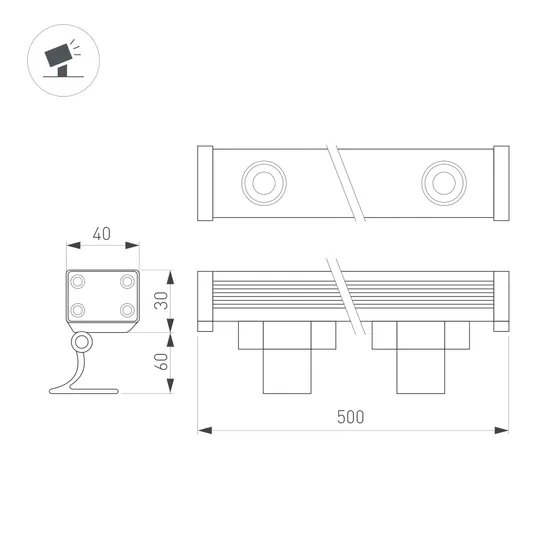 Фото #4 товара Линейный прожектор AR-LINE-500-9W Warm3000 (GR, 15x60 deg, 230V) (Arlight, IP65 Металл, 3 года)