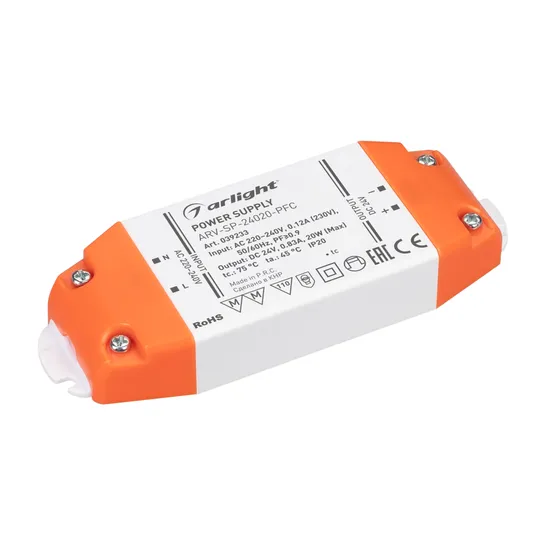 Фото товара Блок питания ARV-SP-24020-PFC (24V, 0.83A, 20W) (Arlight, IP20 Пластик, 5 лет)